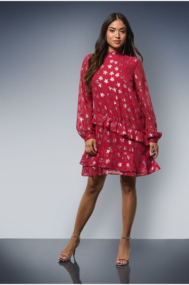Petite DP Luxe Star Jacquard Ruffle Shift Mini Dress