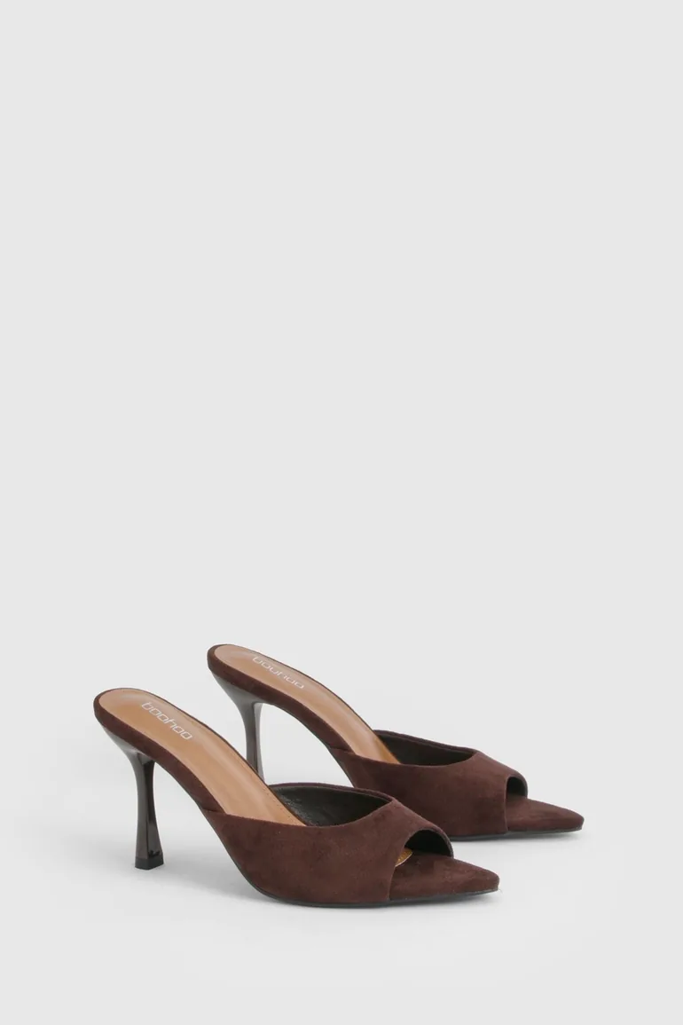 Faux Suede Heeled Mules - brown - 1