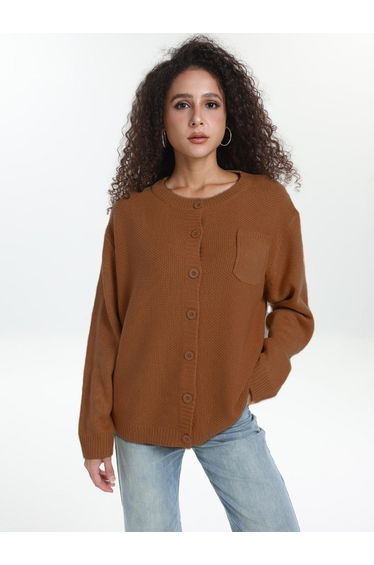 Plus Size Brown Button Front Knit Cardigan