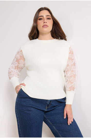 Ecru Tulle Paneled Sleeve Detailed Knitwear Sweater