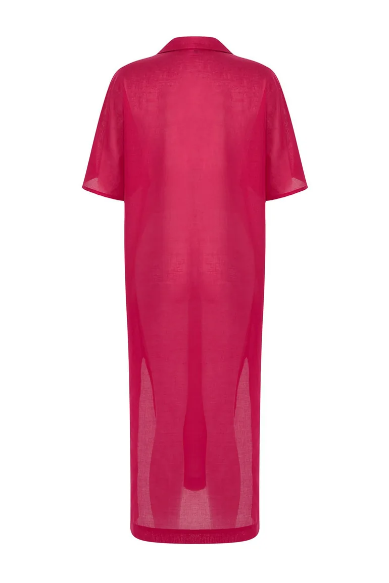 Fuchsia Maxi Woven 100% Cotton Embroidered Beach Dress - 8
