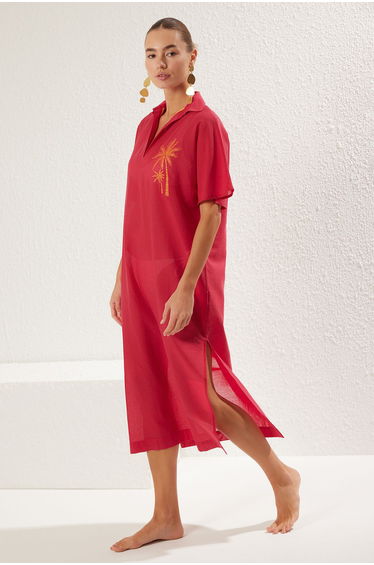 Fuchsia Maxi Woven 100% Cotton Embroidered Beach Dress