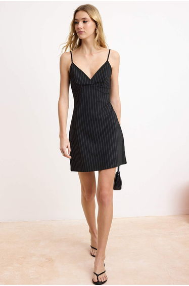 Black Striped A-Line/A-Line Form V-Neck Thin Strap Sleeveless Short Interlock Knitted Dress