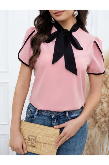 Pink Blouse with Bow Tie-Up Neck