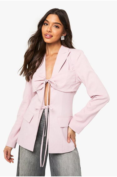 Tie Front Detail Fitted Blazer - pink
