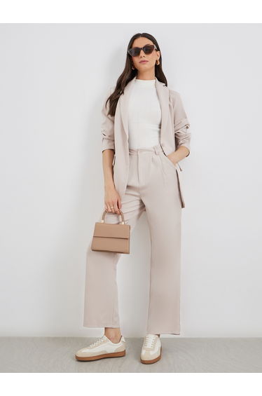 Solid Longline Blazer and Wide Leg Pants Co-Ods