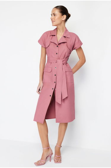 Pale Pink Belted Pocket Gabardine Shirt Woven Midaxi Dress