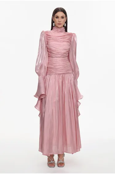 Viky Resort Waist-Defining Long Sleeve Ruched Woven Dark Pink Maxi Dress