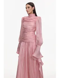 فستان زهري ماكسي على شكل حرف A بأكمام طويلة - 3