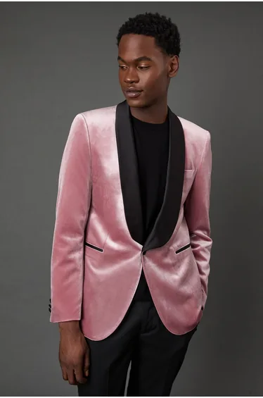 Pink Wide Lapel Velvet Tailored Fit Tuxedo Jacket
