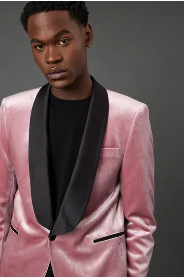 Pink Wide Lapel Velvet Tailored Fit Tuxedo Jacket