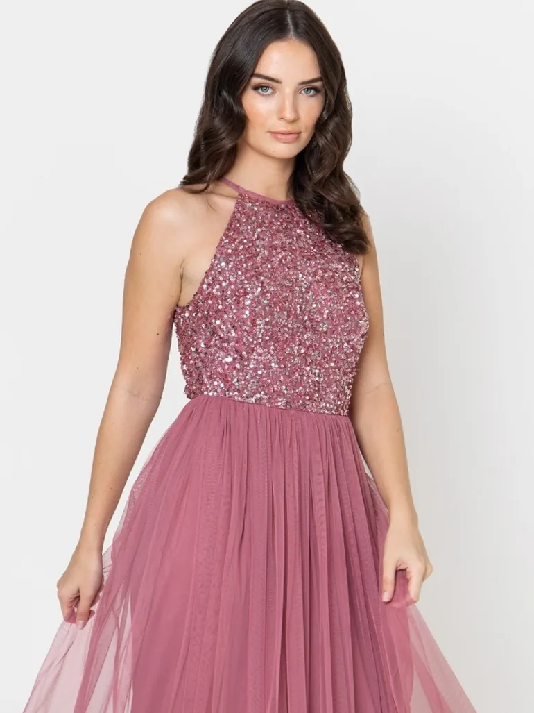 maya halter dress in pink sequin Light Pink Maya Deluxe Embellished Halter Neck Maxi Dress
