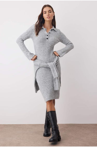 Anthracite Gradient Midi Polo Collar Spanish Sleeve Knit Dress
