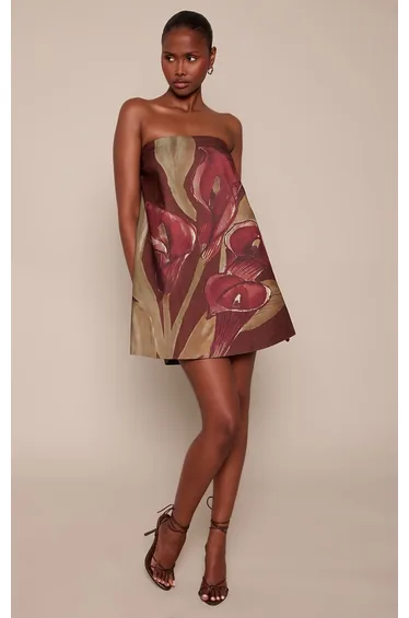 Dark Brown Floral Printed Bandeau A-line Dress