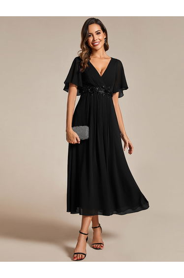 ever DAHLIA|Short Sleeves V-Neck Tea Length Wedding Guest Dress with Floral Applique