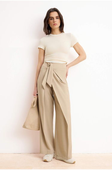 Beige Tied Detailed Wide Leg /Wide Leg Fabric Trousers