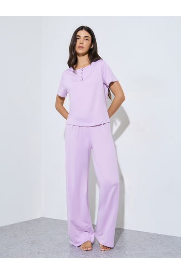 Purple Henley T-Shirt and Straight Pajama Set