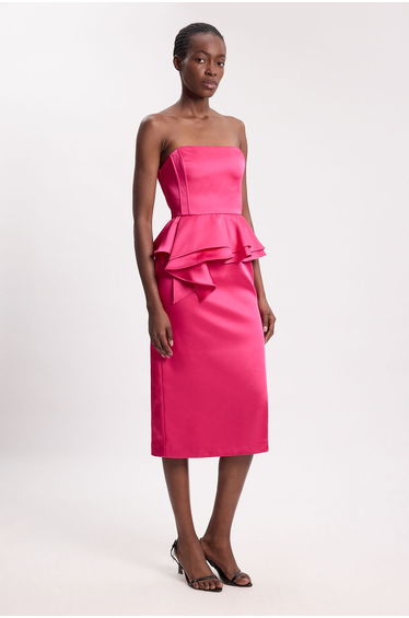 Bonded Satin Peplum Pencil Woven Midi Dress