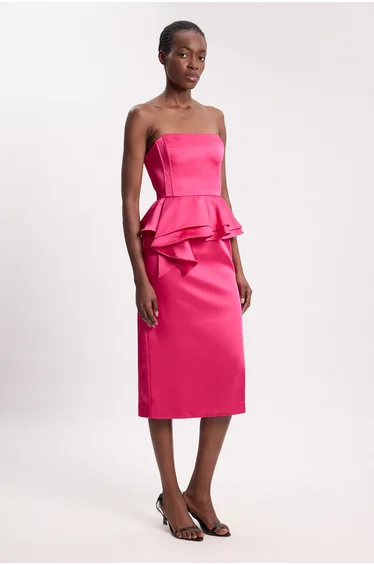 Bonded Satin Peplum Pencil Woven Midi Dress