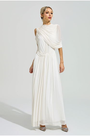 Ono White Tulle Ruched Maxi Dress
