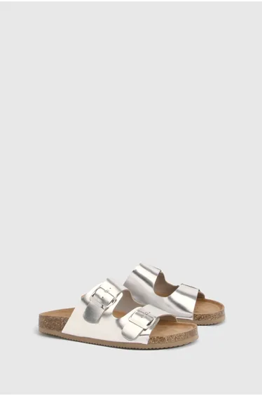 Double Buckle Footbed Sliders - silver