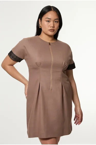 Plus Size Tailored Twill Lace Mix Zip Front Mini Dress