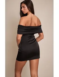 Black Satin Off The Shoulder Mini Dress - 2