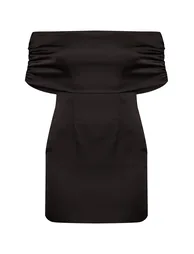 Black Satin Off The Shoulder Mini Dress - 4