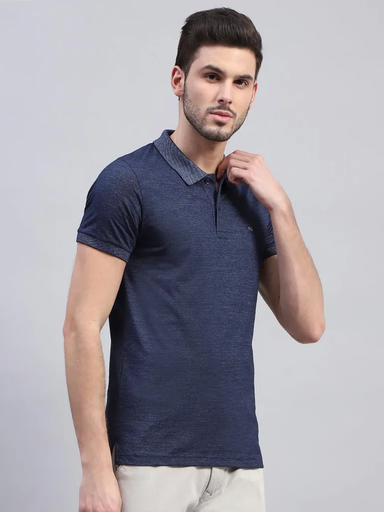 Men Blue Solid Polo Neck Half Sleeve T-Shirt - 2