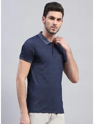 Men Blue Solid Polo Neck Half Sleeve T-Shirt - 2