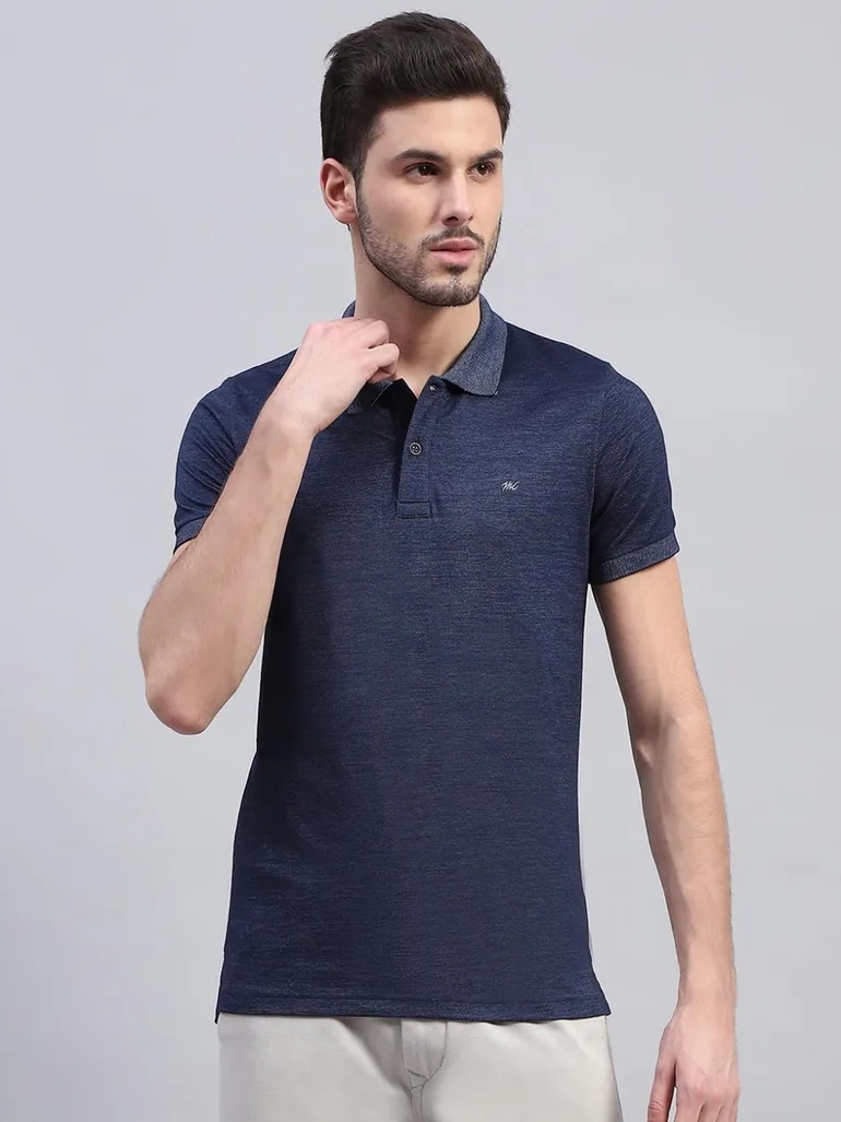 Men Blue Solid Polo Neck Half Sleeve T-Shirt