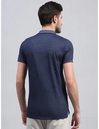 Men Blue Solid Polo Neck Half Sleeve T-Shirt - 3