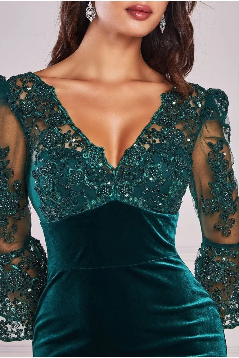 Goddiva Scalloped Lace & Velvet Maxi Dress - 2