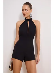 Black Plain Deep V-Neck Halter Short/Mini Woven Jumpsuit - 3