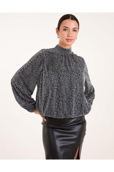 High Neck Puffball Hem Blouse
