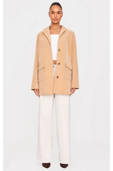 Beige Oversized Longline Faux Suede Blazer Coat