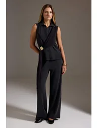 Black Plain Regular Polo Neck Belted Sleeveless Modal Fabric Knitted Blouse
