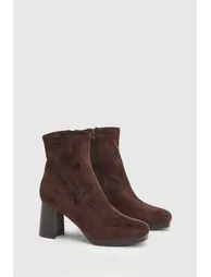 Elora Faux Suede Stretch Pull On High Block Heel Ankle Boots