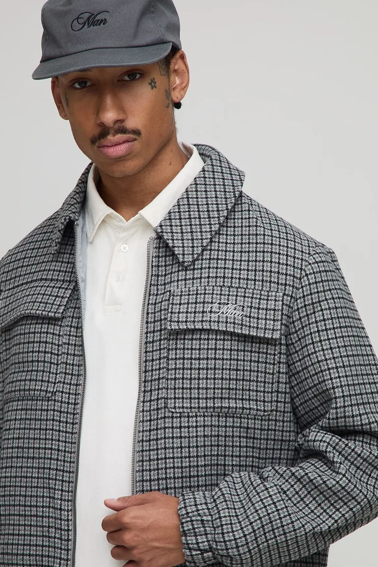 Regular Fit Micro Check Pocket Harrington Jacket - grey - 2