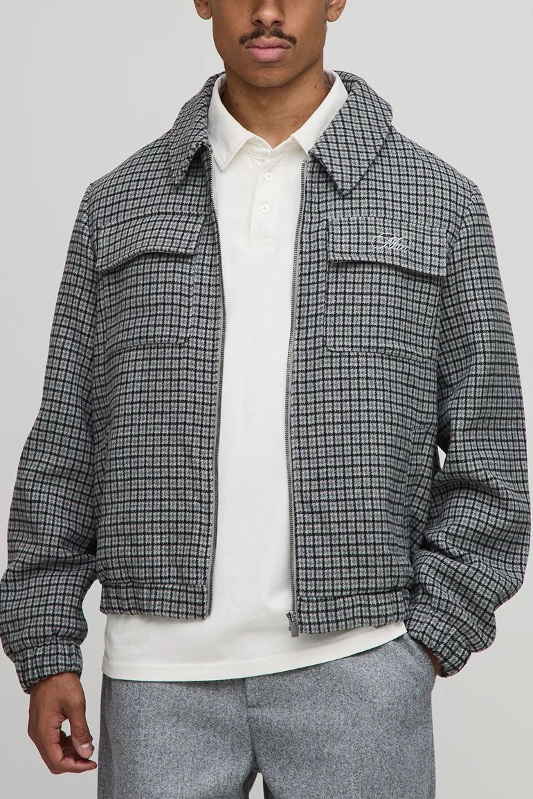 Regular Fit Micro Check Pocket Harrington Jacket - grey
