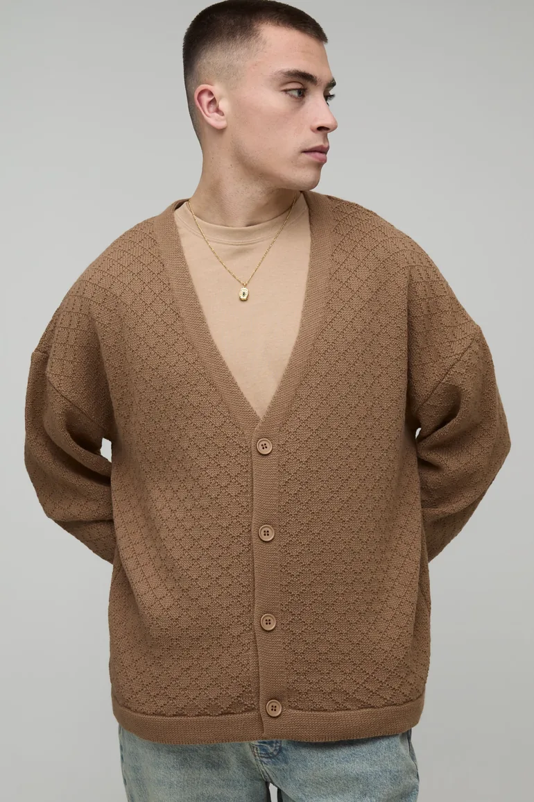 Relaxed Fit Basket Knit Cardigan - stone