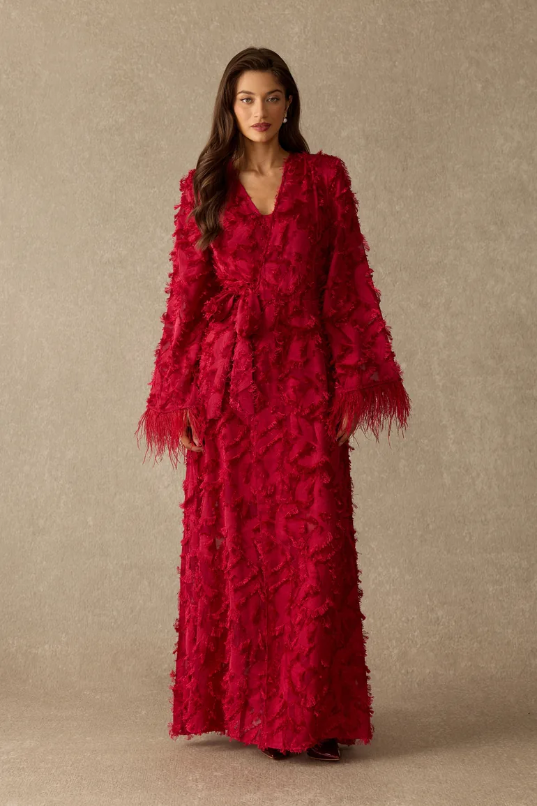 Secret Affair Leaf Applique Featherer Cuff Maxi Dress