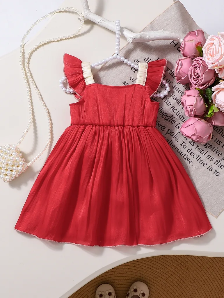 Girls Red Ruffled Detail Dress with Bow - 1