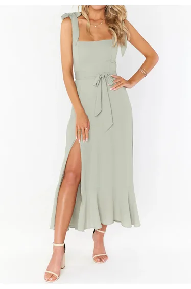 Ruffle Hem Tie-Shoulder Cami Dress in Pea Green