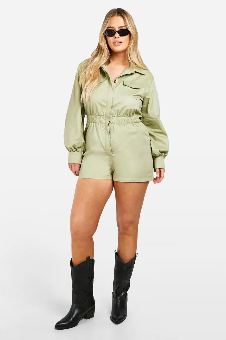 Plus Utility Long Sleeved Playsuit - khaki