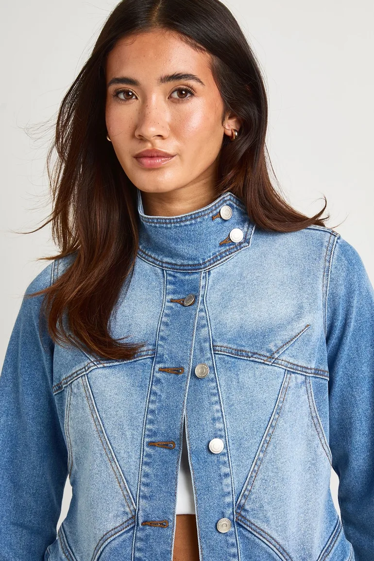 Slim Fit Funnel Neck Seam Detail Denim Jacket - mid wash - 3