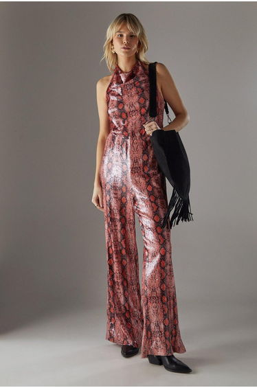 Snake Sequin Cowl Neck Drop Waist Jumpsuit