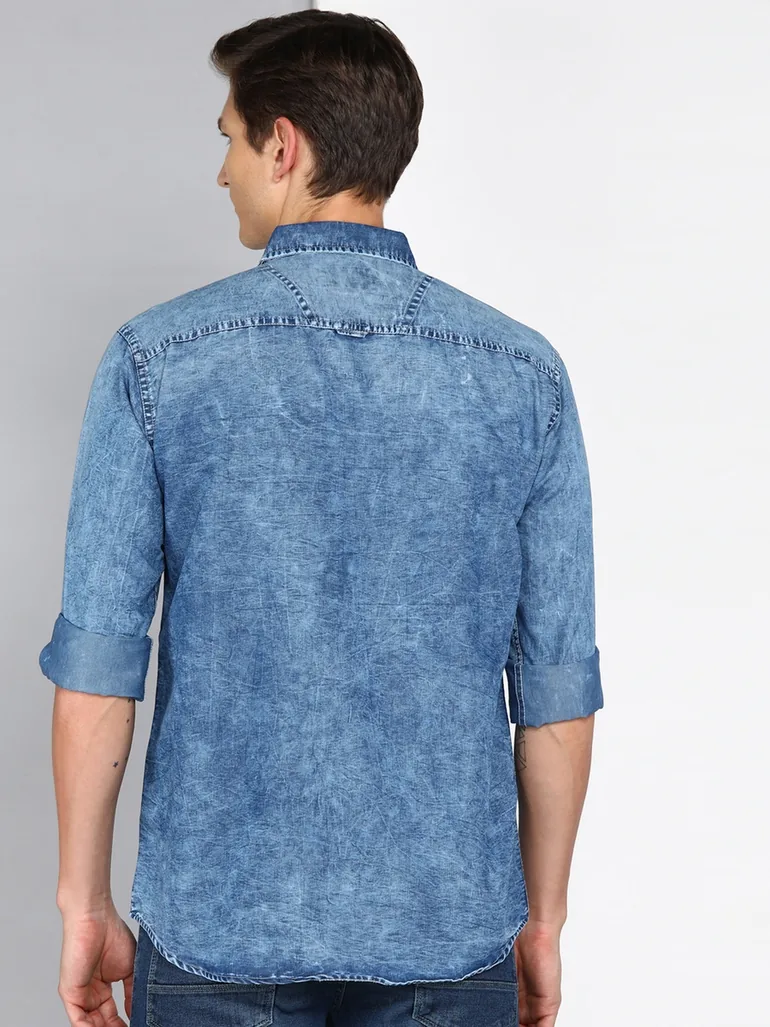 Men Blue Washed Denim Shirt - 3