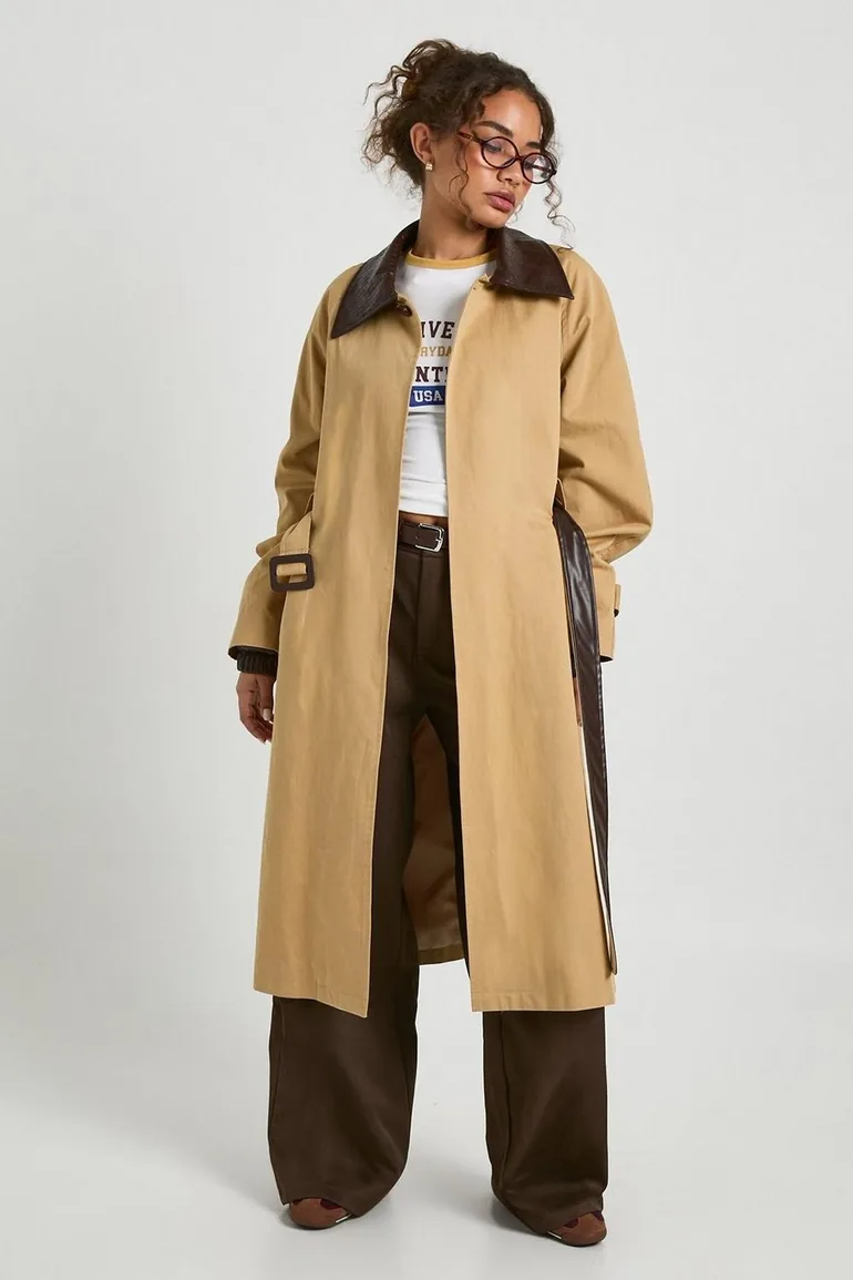 Belted Trench Coat with Contrast Faux Leather Collar - camel - 3