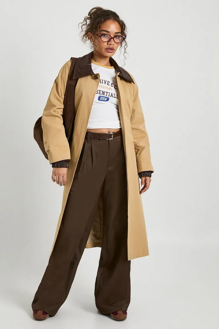 Belted Trench Coat with Contrast Faux Leather Collar - camel - 1